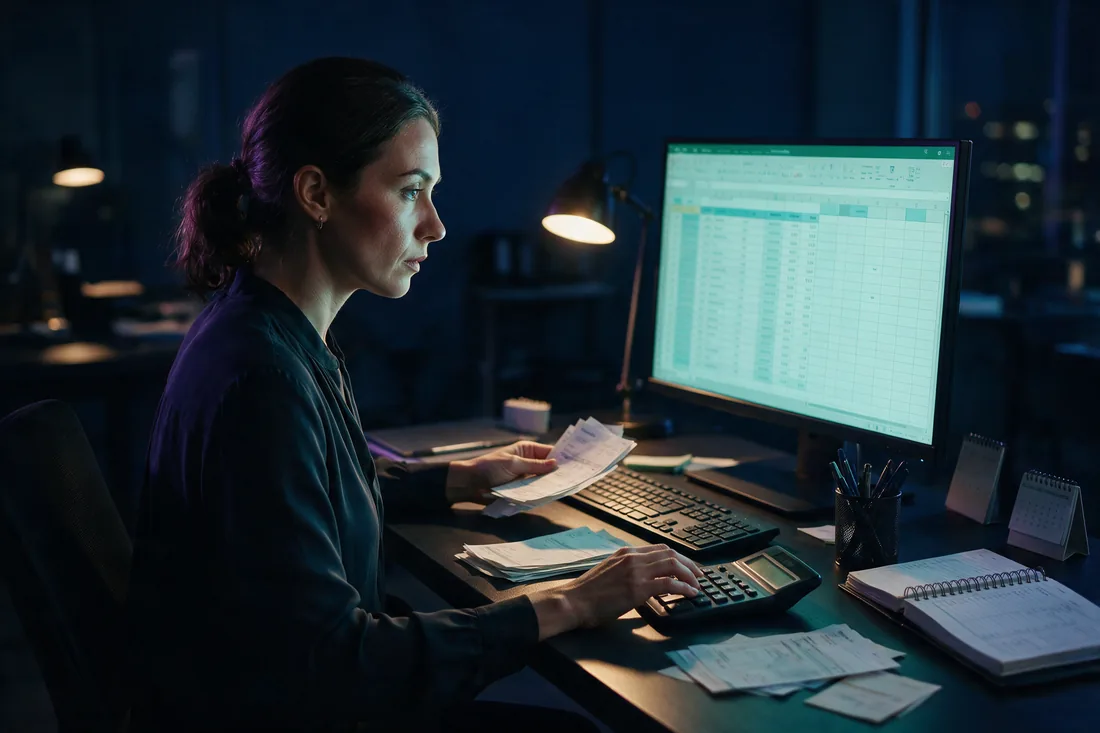 A bookkeeper reconciling receipts against a spreadsheet at a desk at night