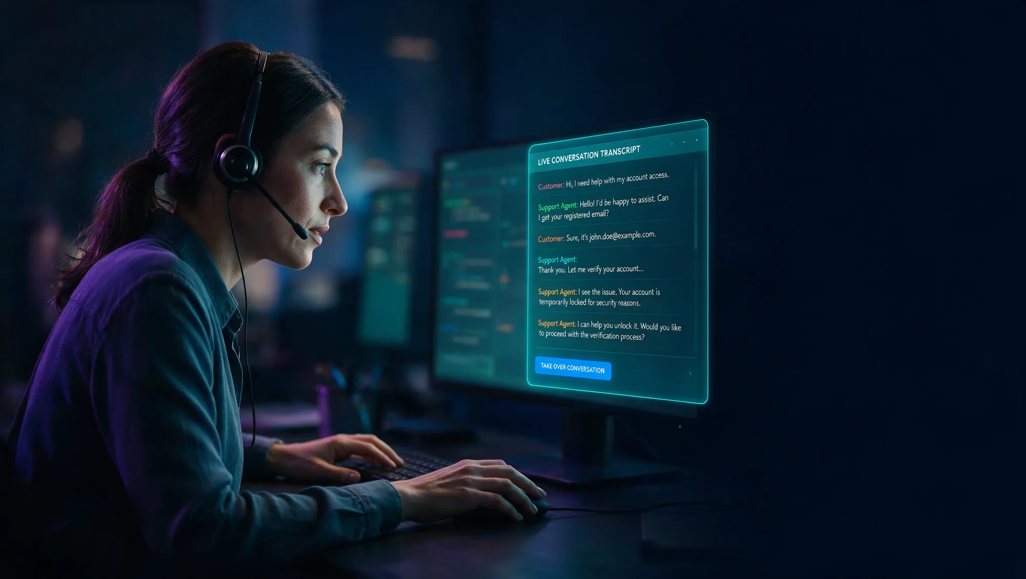A support specialist reviewing a live conversation transcript with a hand-off prompt on screen