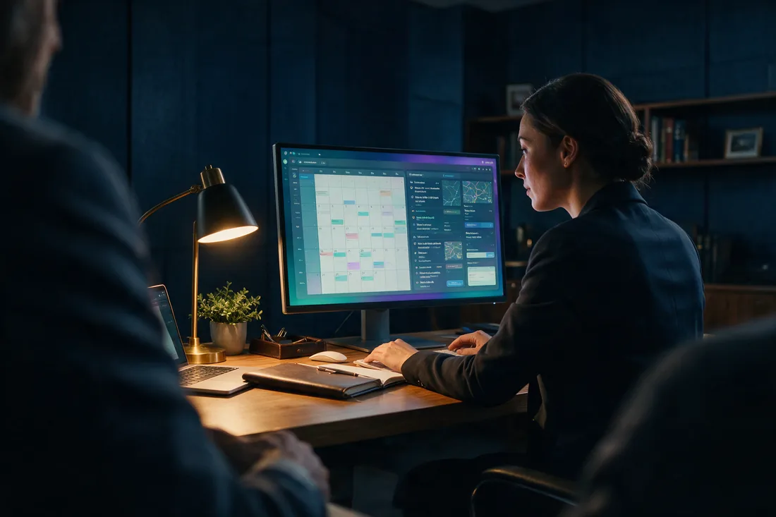 An assistant reviewing a calendar and task board on a monitor in a dim home office