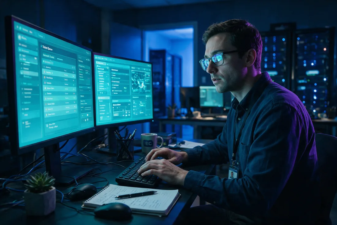 A help desk technician working a ticket queue on dual monitors near server racks